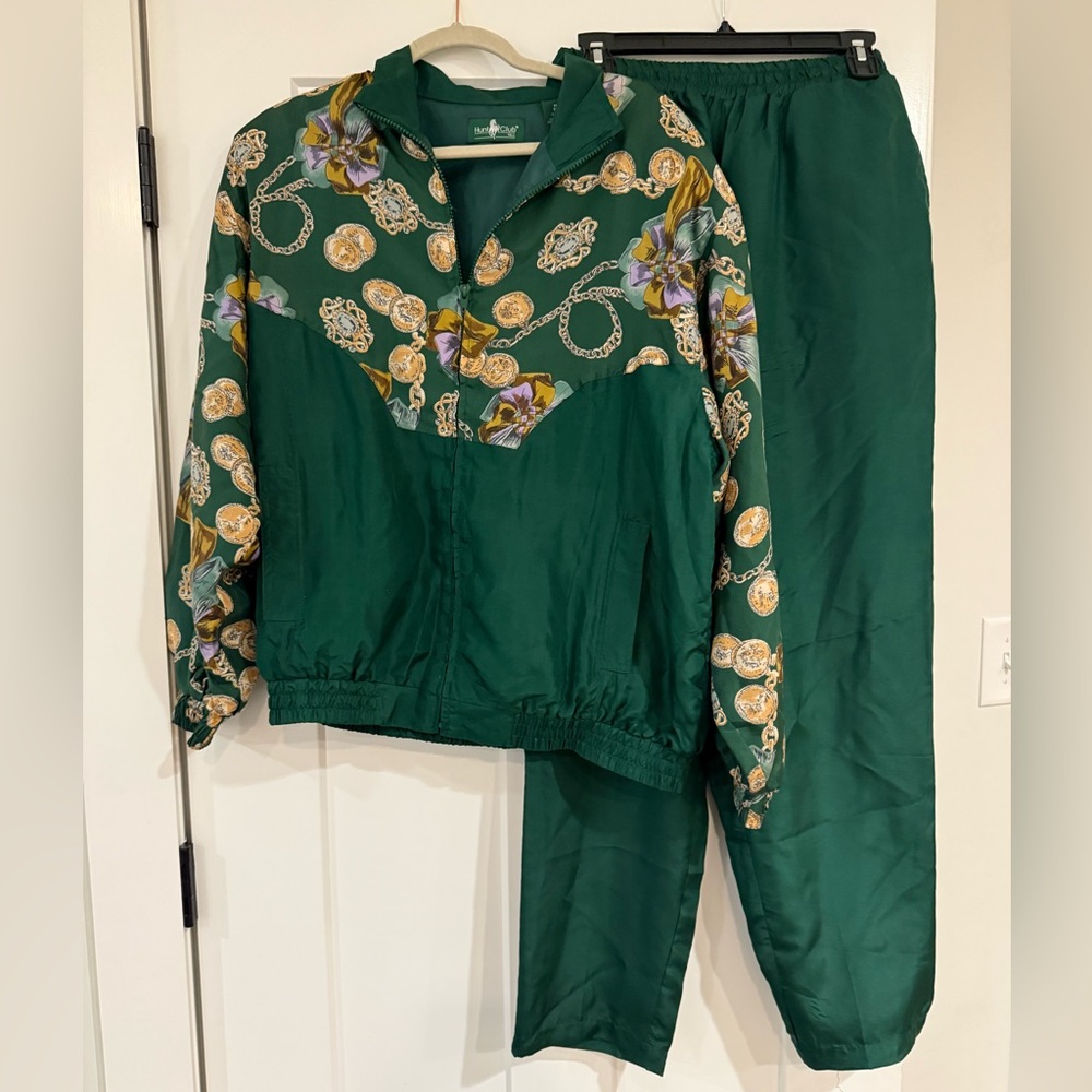 VTG 100% SILK Hunt Club Forest Green Track Suit Set Equestrian Emerald Green